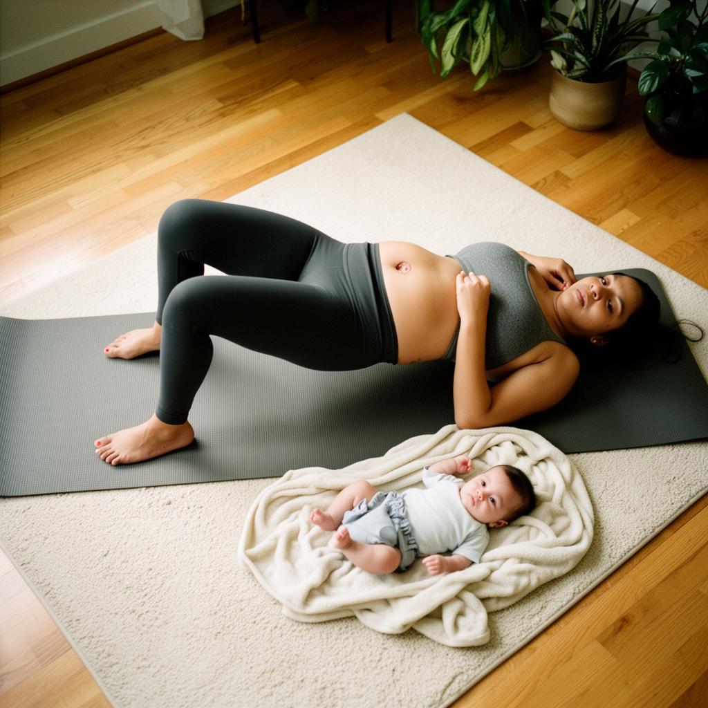 Mother performing a glute bridge with baby beside her