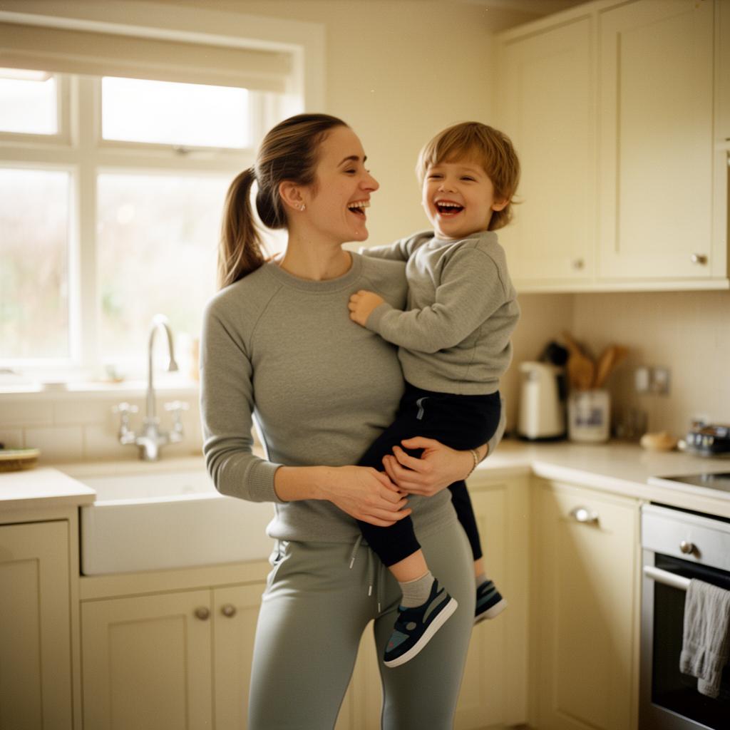 Mother feeling strong, holding her baby in soft window light